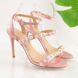 Badgley Mischka Women's Dress Heel Sandal Size 7 Pink Satin Pearls Ankle Wrap